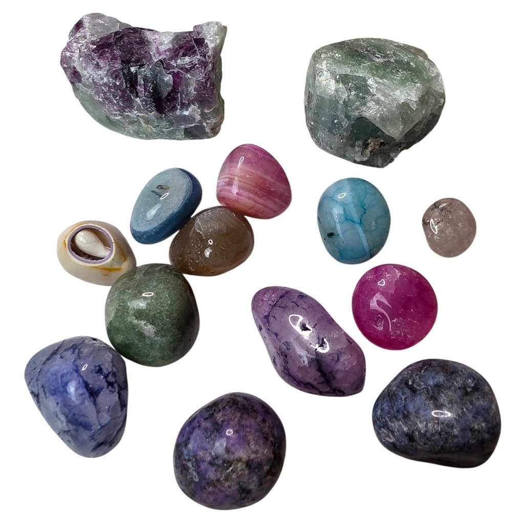 Mixed Crystal Gemstone Lot 13pc Polished Tumbled Raw Fluorite Agate Sodalite G1